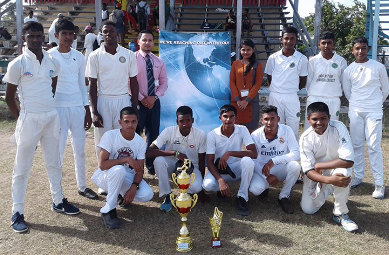 The winning J.C. Chandisingh Secondary School team pose with Ameer Azeez and Shazeeda Razack of GBTI.