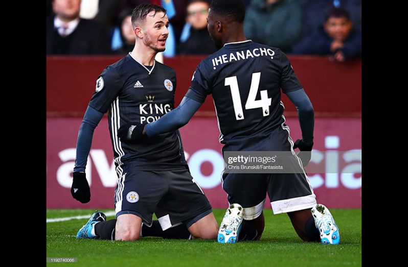 Kelechi Iheanacho of Leicester City (R) celebrates scoring his sides second goal with tm James Maddison during the Premier League match between Aston Villa and Leicester City at Villa Park on December 08, 2019 in Birmingham, United Kingdom. (Photo by Chris Brunskill/Fantasista/Getty Images)