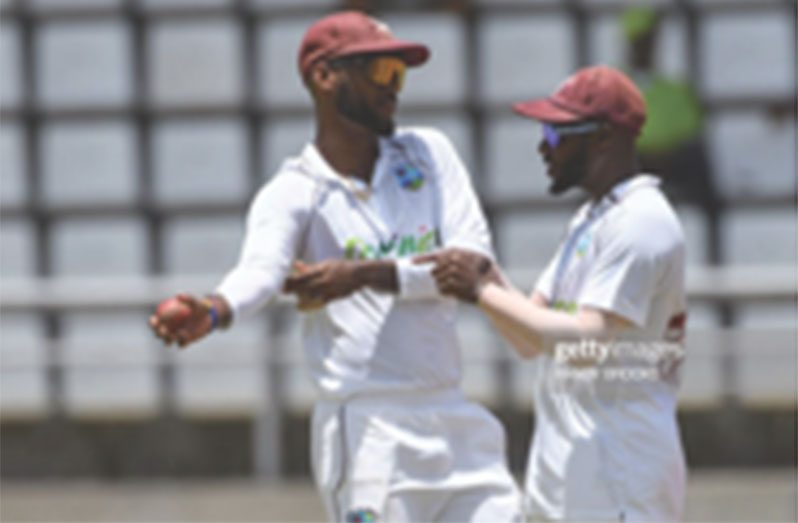 Kraigg Brathwaite talks to Jermaine Blackwood•Jul 13, 2023•AFP via Getty Images