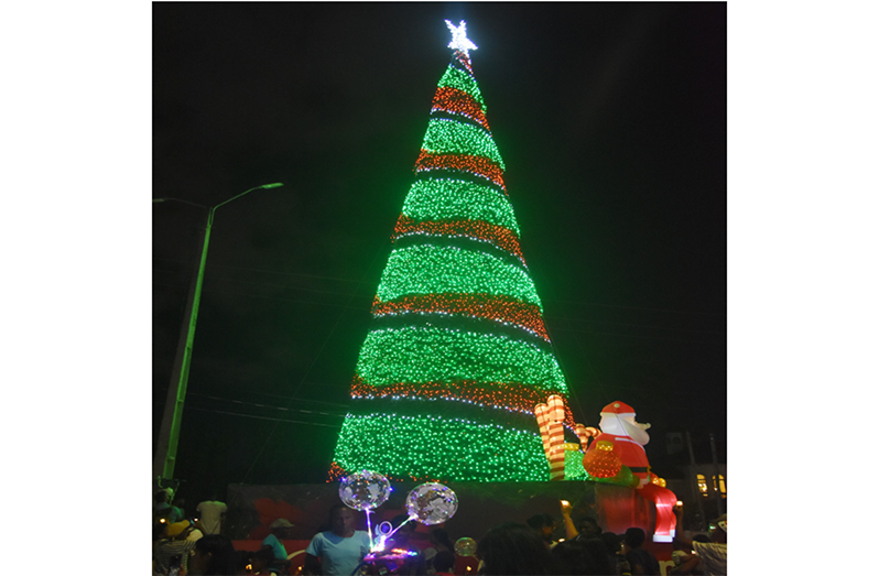 Rahaman’s Park was a hive of activity on Sunday as scores
of persons including excited children gathered for the annual
Christmas Tree Light-Up. The gigantic tree will be visible for
miles throughout the festive season (Sachin Persaud photo)