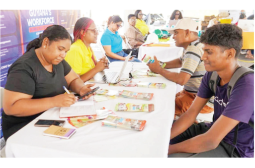 The Government of Guyana, in collaboration with Lindsayca Oil & Gas Integrated
Solutions Group, on Thursday opened the Gas-to-Energy Project Job Fair at
the Leonora Track & Field Stadium, Region Three. Over 1,000 employment
opportunities are available (Ministry of Labour, Manpower & Planning photo)