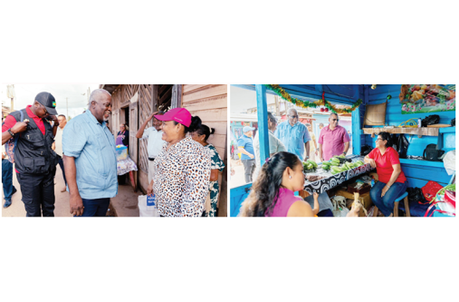 During a recent visit to Region One to engage Guyana Defence Force troops and ranks of the Guyana Police Force operating in border communities,
Prime Minister, Brigadier (Ret’d) Mark Phillips took some time out to interact with vendors and shoppers. Housing Minister Collin Croal and other officials
accompanied him (Photo: President Irfaan Ali/Facebook)