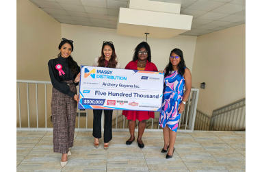 President of Archery Guyana Mrs Vidushi Persaud-McKinnon, received the sponsorship from Neelam Dharmo, Manager of the Health + Beauty Division at Massy Distribution (Guyana) Inc.; Dileya Deonarine, Brand Specialist for Seven Seas; and Danielle Barkoye, Brand Specialist for Vigorton