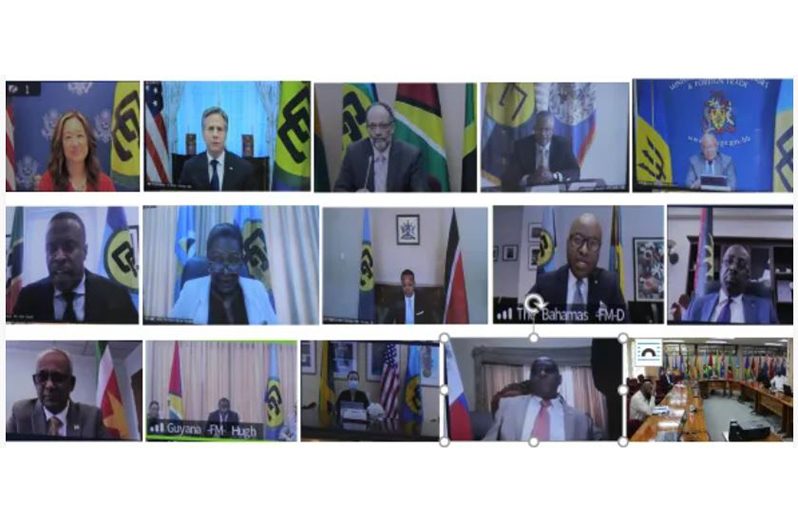 Foreign Ministers of CARICOM during the virtual engagement with United States Secretary of State, Anthony Blinken (top row, second from left) (CARICOM photo)
