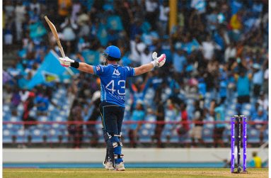 Tim Seifert of Saint Lucia Kings celebrate winning the Men's 2025 Republic Bank Caribbean Premier League match 18 between Saint Lucia Kings and Antigua and Barbuda Falcons at Daren Sammy National Cricket Stadium on August 31, 2025, in Gros Islet, Saint Lucia. (Photo by Randy