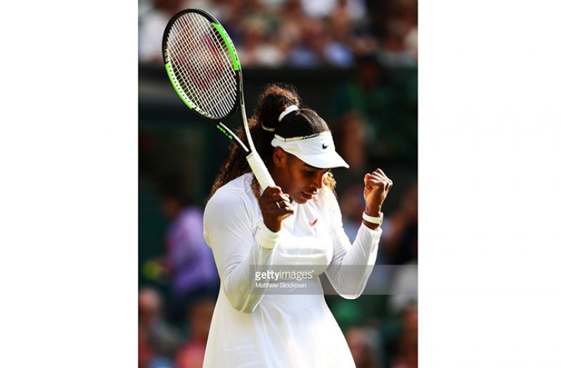 Serena Williams of the United States celebrates after defeating Kristina Mladenovic of France in their Ladies' Singles third round match on day five of the Wimbledon Lawn Tennis Championships at All England Lawn Tennis and Croquet Club on July 6, 2018 in London, England. (Photo by Matthew Stockman/Getty Images)