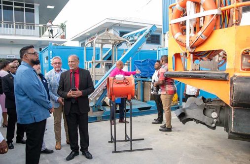 President Ali during a tour of Orinduik Marine Services (OMS) at Lusignan, which provides remotely operated vehicles (ROVs) and expert diving capabilities, servicing the oil-and-gas sector (Delano Williams photos)