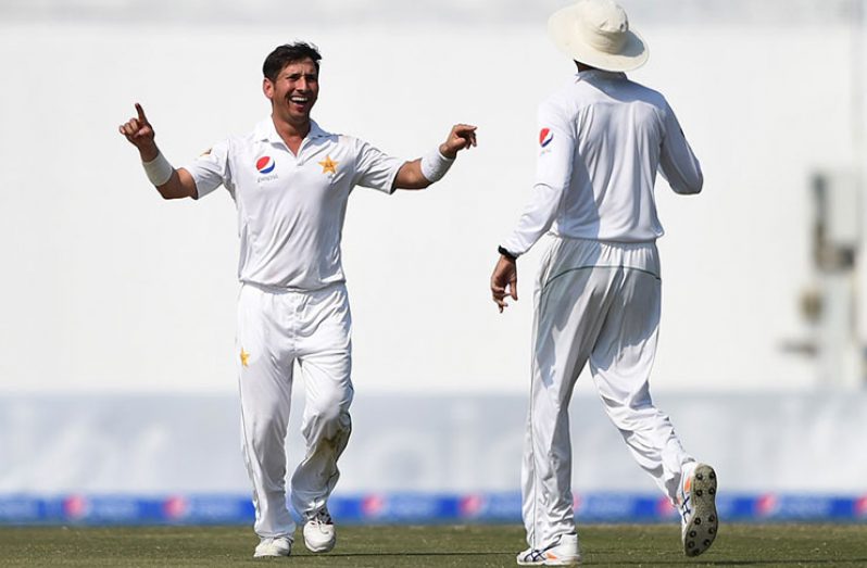 Yasir Shah celebrates his sixth wicket against the West Indies on the 5th day in Abu Dhabi. (Getty Images)