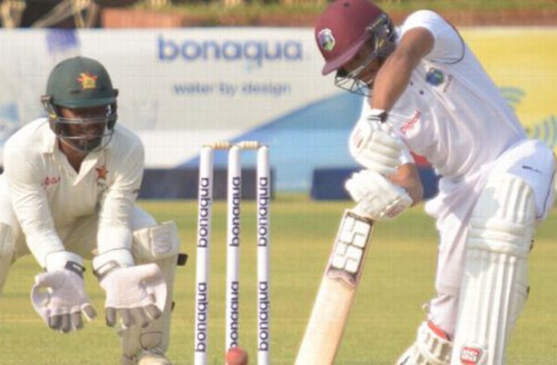 Shai Hope carves the ball towards cover in his unbeaten 80. (WICB photo)