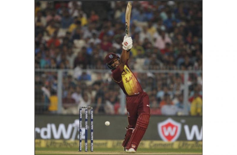 West Indies batsman Shai Hope goes on the attack during his career-best half-century in the opening Twenty20 International on Monday.