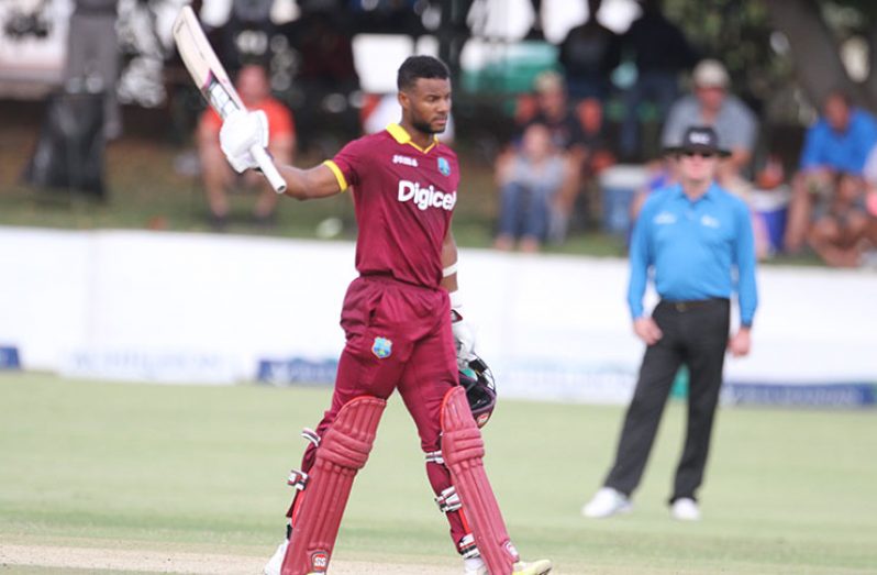 Shai Hope celebrates his maiden ODI hundred against Zimbabwe in Bulawayo yesterday. (Photo courtesy WICB Media)