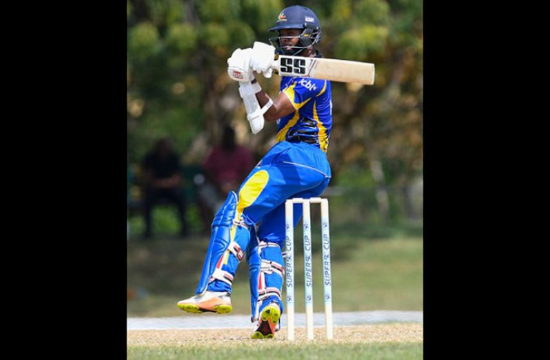 Stroke-maker Shai Hope pulls during his century against Marooners yesterday. (Photo courtesy CWI Media)