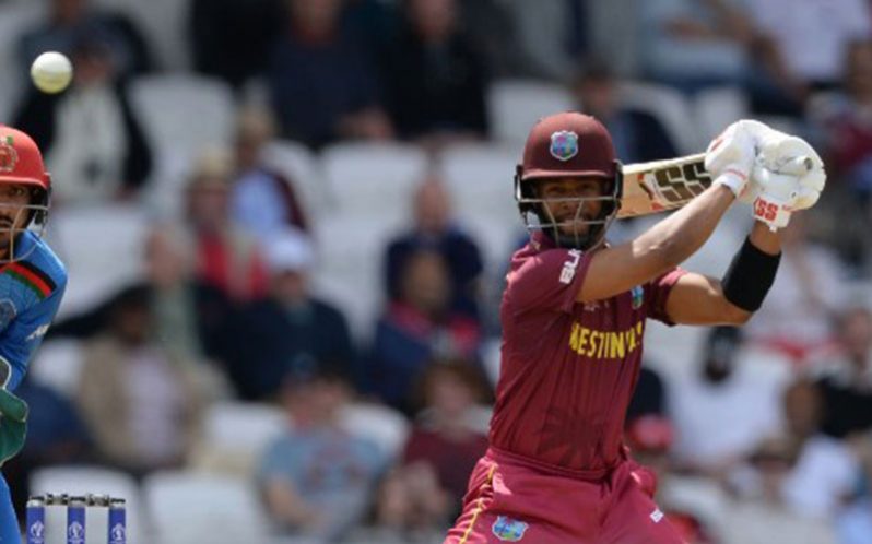 Man-of-the-Match Shai Hope goes on the attack during his top score of 77 for West Indies in their World Cup match at Headingley yesterday.