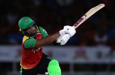 Shai Hope hits out during his fifty against TKR on Tuesday night. (Photo courtesy CPLT20/Getty Images)