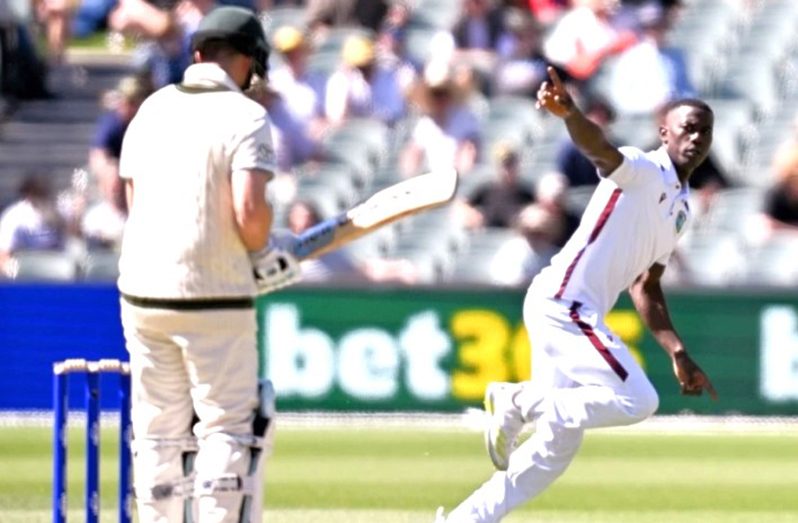 Shamar Joseph celebrates wicket of Steve Smith