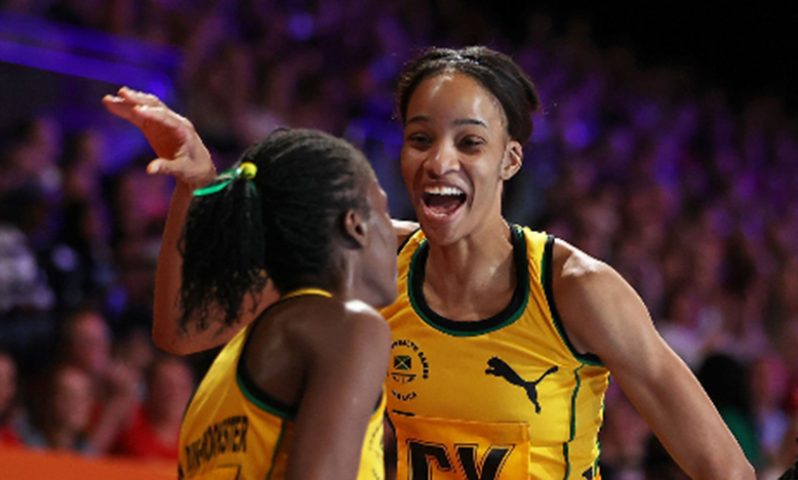 Shamera Sterling (right) celebrates Jamaica’s victory over New Zealand yesterday