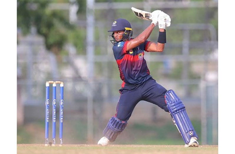 Combined Campuses & Colleges captain Shane Dowrich cuts loose during his maiden List A hundred of 102 not out against Windward Islands Volcanoes in the West Indies Super50 Cup on Sunday at Frank Worrell Field in Trinidad (CWI Media photo)