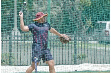 West Indies women’s coach Shane Deitz in the nets in Antigua. Photo: (CWI Media)