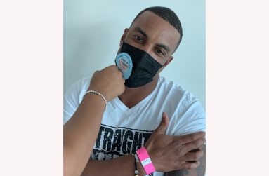 Fast bowler Shannon Gabriel after receiving his COVID-19 vaccine