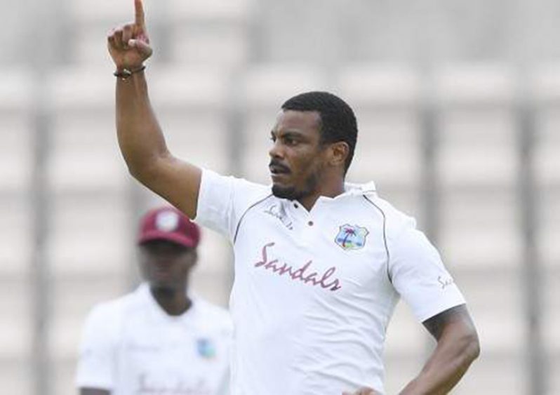 West Indies' Shannon Gabriel celebrates taking the wicket of England's Joe Denly on the second day of the first Test cricket match between England and the West Indies at the Ageas Bowl in Southampton, southwest England on July 9. (Photo: AFP)