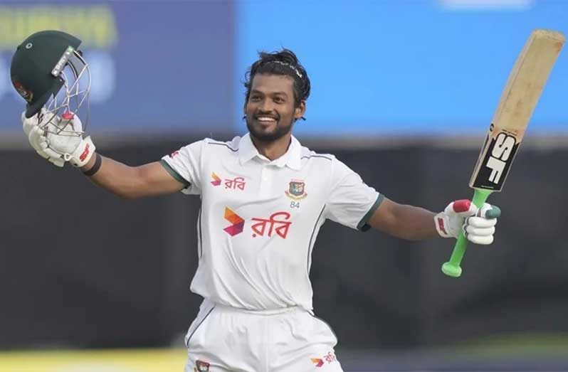 Najmul Hossain Shanto celebrates his first Test century since November 2023 • Associated Press