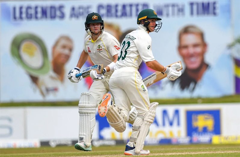 Marnus Labuschagne and Steven Smith share a century stand yesterday (AFP)