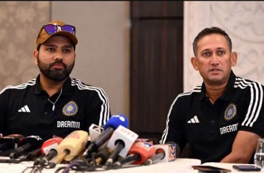 Rohit Sharma and Ajit Agarkar address a press conference where India's squad for the Asia Cup was announced•(AFP via Getty Images)
