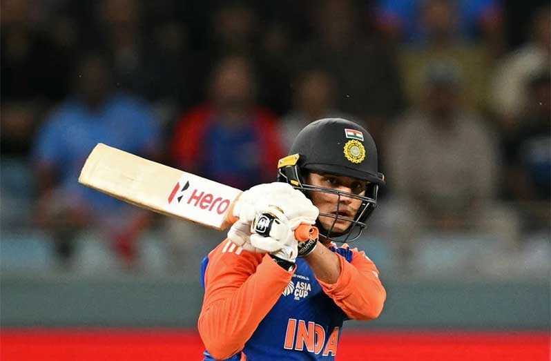 Abhishek Sharma hit three fours and two sixes in the powerplay on Sep 21, 2025 (AFP/Getty Images)