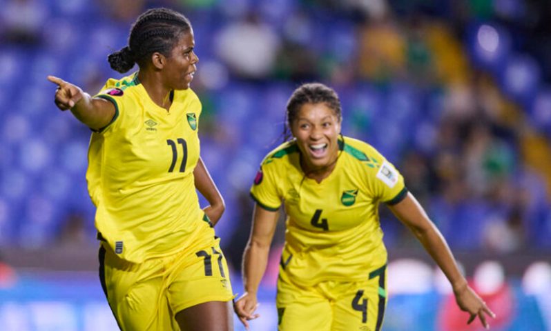 Khadija Shaw (left) and Chantelle Swaby of Jamaica celebrate after opening the score against Mexico in a Group A match of the CONCACAF W Championship (Photo: CONCACAF)