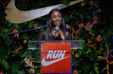 Shelly-Ann Fraser-Pryce delivering remarks at Monday night’s function