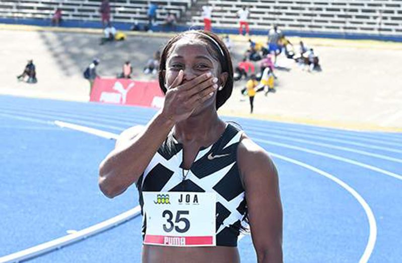 Shelly-Ann Fraser-Pryce reacts after smashing the Jamaica national record over 100 metres on Saturday at the National Stadium. (Jamaica Observer picture).