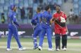 Sherfane Rutherford of Desert Vipers shakes hands with Zahoor Khan of MI Emirates after match 7 of the DP World International League T20 between the Desert Vipers and the MI Emirates held at the Dubai International Cricket Stadium, Dubai, United Arab Emirates on the 16th January 202 (Photo: ILT20)