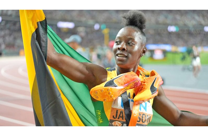 Shericka Jackson after claiming the 200m gold  at the World Championships in Budapest.