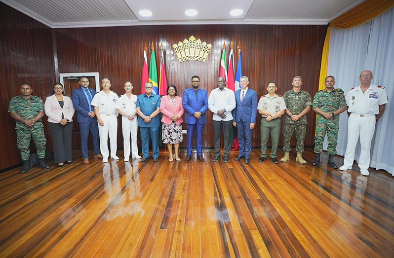 President Dr. Irfaan Ali on Tuesday met with the visiting delegation from the Guiana Shield Strategic Dialogue Conference (Office of the President photos)