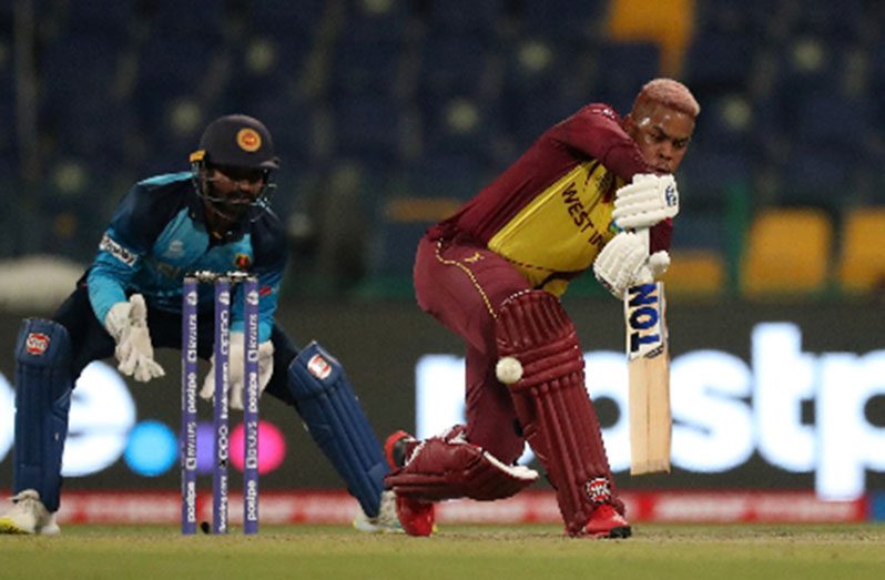 Left-hander Shimron Hetmyer defends during his top score of 81 not out against Sri Lanka
