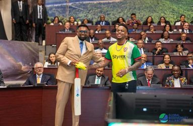 President, Dr Irfaan Ali and Guyanese cricketer Shimron Hetmyer at the second Global Biodiversity Alliance Summit in Georgetown (PHOTO: News Room/Yusuf Ali)