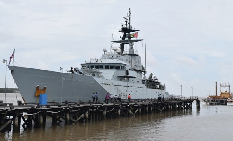The British Royal Navy – HMS Mersey berthed in Port Georgetown. [Cullen Bess-Nelson photos]