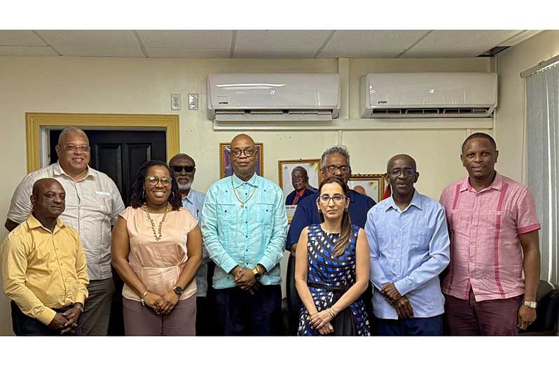 Minister of Public Works, Bishop Juan Edghill, flanked by executive members of the Shipping Association of Guyana (SAG) during a courtesy visit on Wednesday