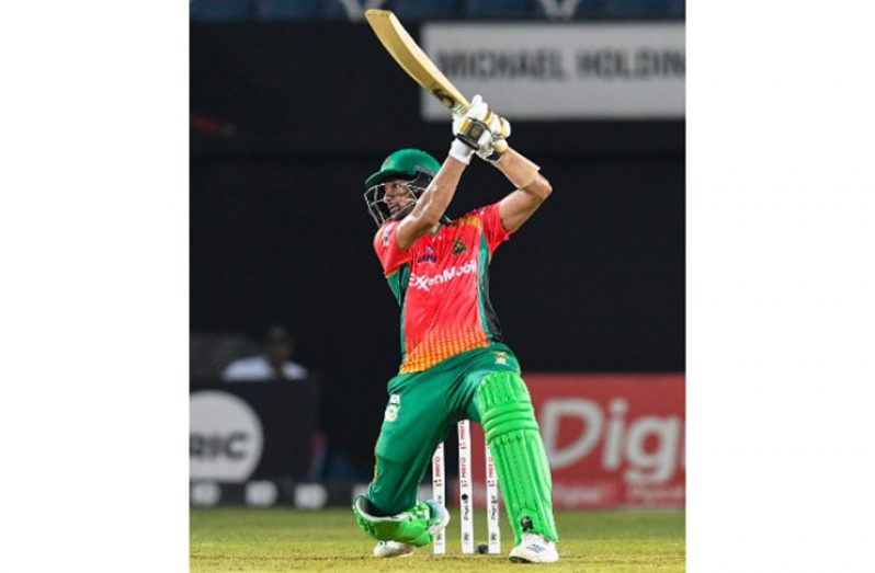 Captain Shoaib Malik hits through the off-side during his top score of 67 not out against Jamaica Tallawahs on Wednesday night. (Photo courtesy CPL)