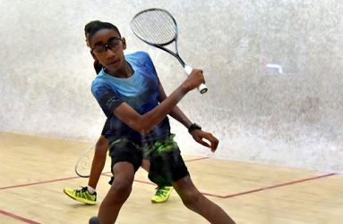 Defending Boys’ Under-13 champion Shomari Wiltshire in his semifinals match against Bermuda’s Matthew Elliott