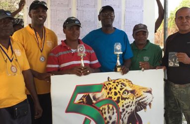 The winning combination of Ransford Goodluck and Sherwin Felicien (with trophies) flanked by the second-placed Leo Romalho (right) and Terrence Stuart, and third-placed Lennox Braithwaite (left) and Ryan Sampson.