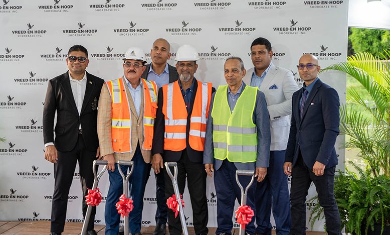 At Tuesday’s sod-turning ceremony are, from left: ExxonMobil Guyana President Alistair Routledge; Minister of Natural Resources Vickram Bharrat; and Minister within the Ministry of Public Works Deodat Indar, along with other VEHSI officials