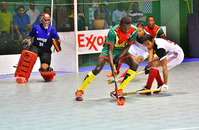 Jamarj Assanah scored three of Guyana’s five goals in their 5-8 loss to Canada (Samuel Maughn Photo)
