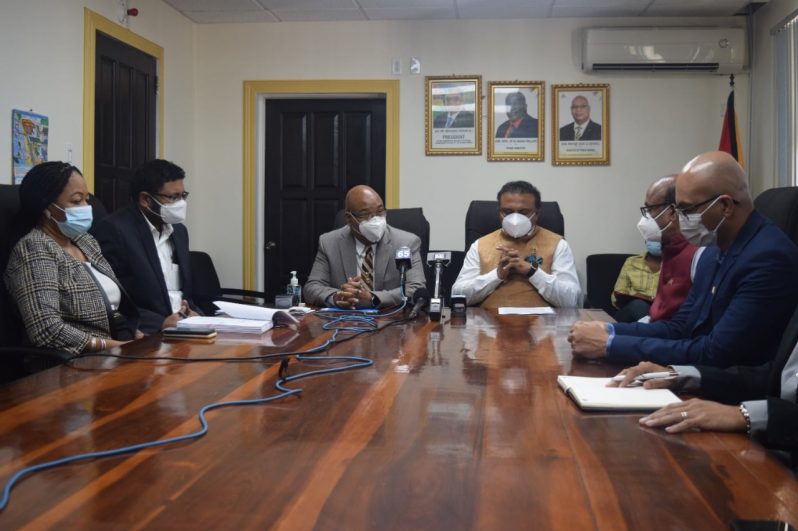 Public Works Minister, Juan Edghill and Indian High Commissioner to Guyana, Dr K.J. Srinivasa (centre) flanked by other officials at Wednesday’s signing ceremony in Kingstown, Georgetown
