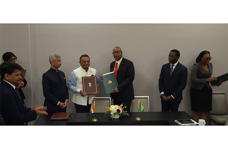 The agreement was signed between Minister of Public Works, Juan Edghill, and the High Commissioner of India to Guyana, Dr. K. J. Srinivasa, in the presence of India’s Minister of External Affairs, Dr. Subrahmanyam Jaishankar and other officials (Photo: GCAA)