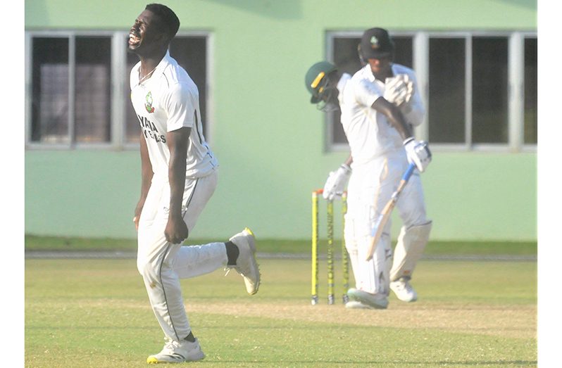 Off-spinner Kevin Sinclair, who returned good figures of 4-37 had batter Jermaine Blackwood in all sorts of problems. (Sean Devers photo)