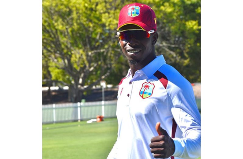 Kevin Sinclair gestures with a thumbs-up after taking three wickets for West Indies against the Cricket Australia XI (Photos courtesy CWI Media)