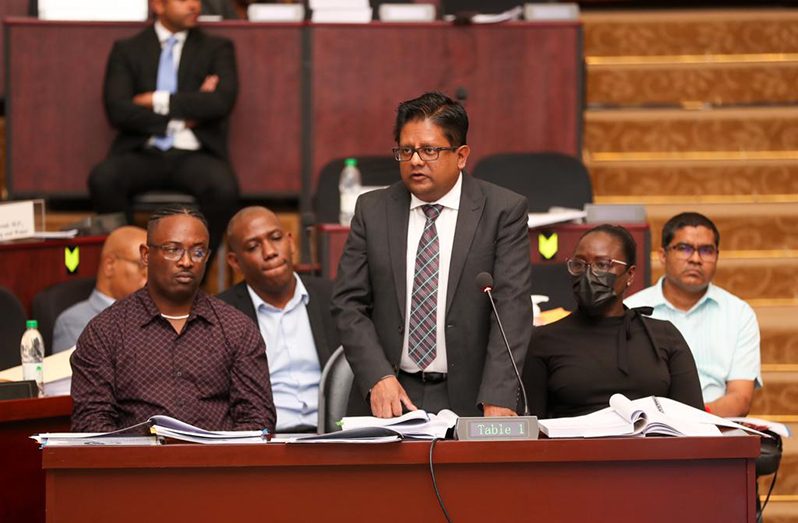 Senior Minister in the Office of the President with responsibility for Finance Dr. Ashni Singh and members of his budget team on Thursday (DPI photo)