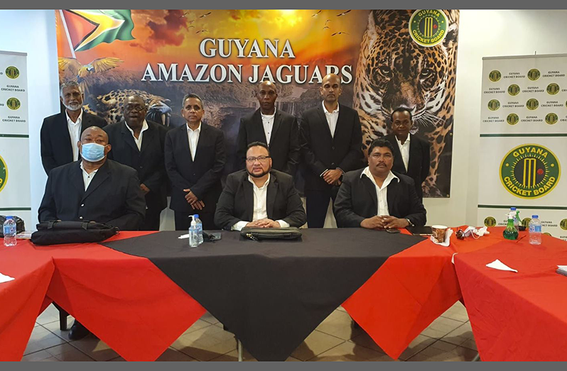 GCB president Bissoondyal Singh (centre) flanked by his executives during yesterday’s media briefing