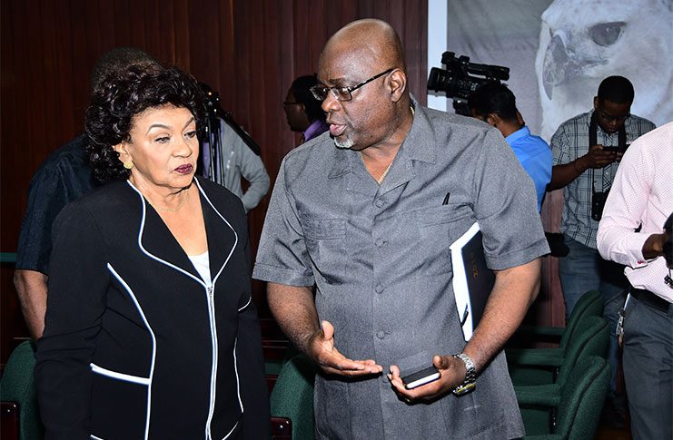 Chairman of GECOM, Justice Claudette Singh and Chief Elections officer, Keith Lowenfield (Adrian Narine photo)